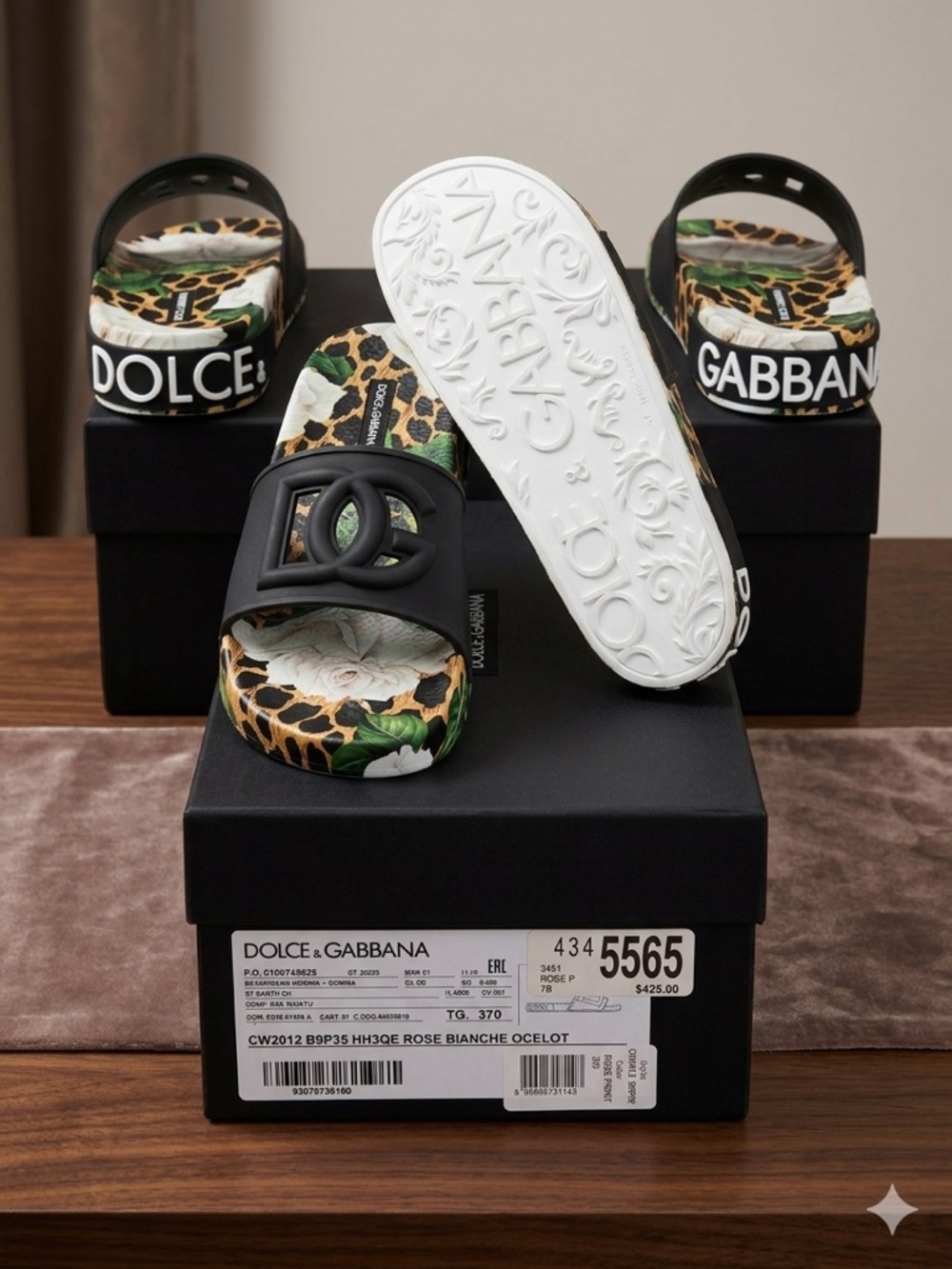 Dolce & Gabbana Black Logo Slide Sandals with Leopard and Green Floral Print - Picture 3 of 11